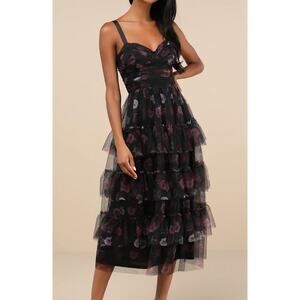 Lulus Sentimental Charisma Black Floral Mesh Tiered Midi Dress in Black